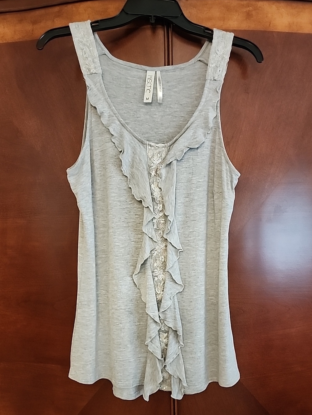 Heather Gray Ruffle, Lace And Sequin Trim Sleeveless Top, Size M